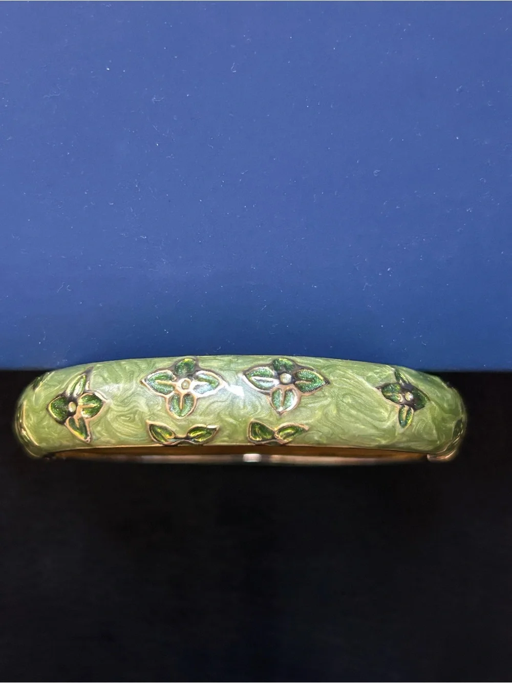 Vintage Green Enamel Gold-Tone Monogram Flower Hinged Bangle Bracelet